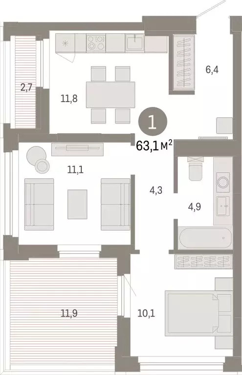 1-комнатная квартира: Тюмень, жилой комплекс Зарека (63.13 м) - Фото 1