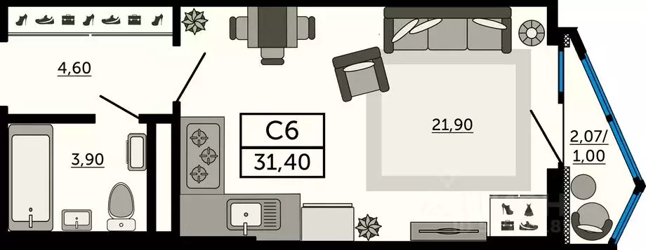 Студия Ростовская область, Ростов-на-Дону Северный мкр, просп. ... - Фото 1