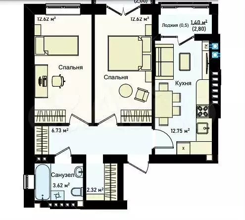 2-к. квартира, 55,9 м, 2/4 эт. - Фото 1