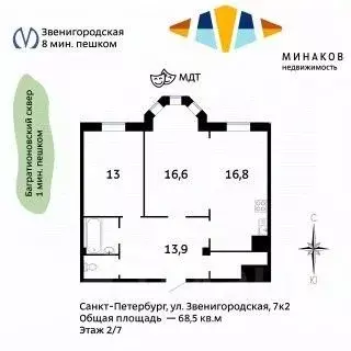 2-к кв. Санкт-Петербург Звенигородская ул., 7к2 (68.5 м) - Фото 1