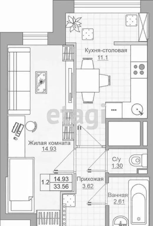 1-к кв. Татарстан, Казань ул. Рауиса Гареева, 105Б (34.0 м) - Фото 1