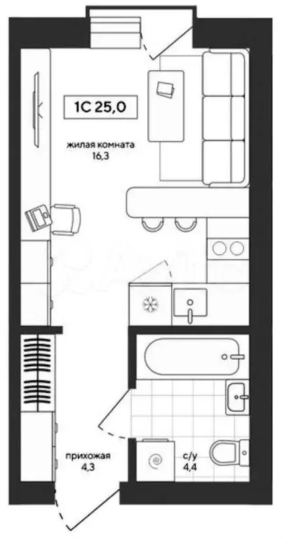 квартира-студия, 25 м, 3/4 эт. - Фото 0