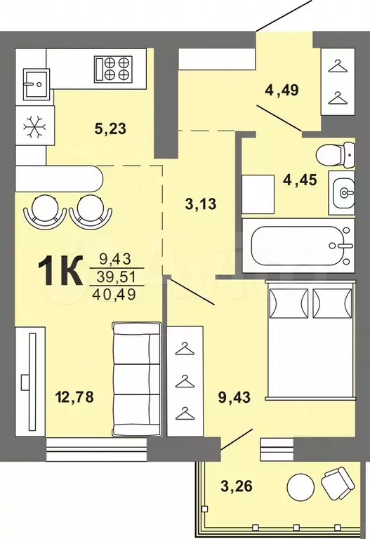 1-к. квартира, 40,5 м, 6/8 эт. - Фото 0