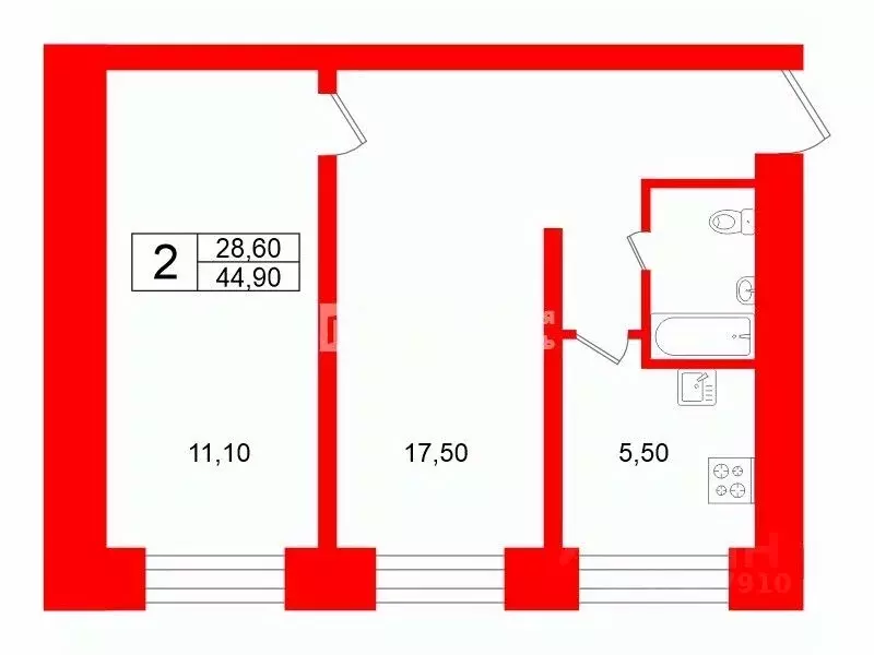 2-к кв. Санкт-Петербург ул. Замшина, 30 (44.9 м) - Фото 2