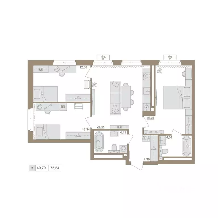 3-к кв. Башкортостан, Уфа бул. Яркий (75.64 м) - Фото 0