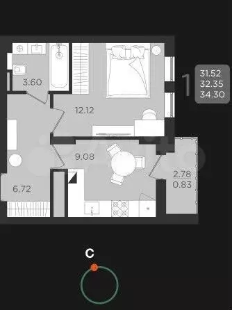 1-к. квартира, 32,4м, 2/9эт. - Фото 1