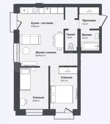 3-к. квартира, 50 м, 2/3 эт. - Фото 1