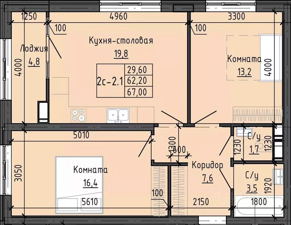 2-к кв. Ставропольский край, Ставрополь № 23 мкр,  (67.15 м) - Фото 2
