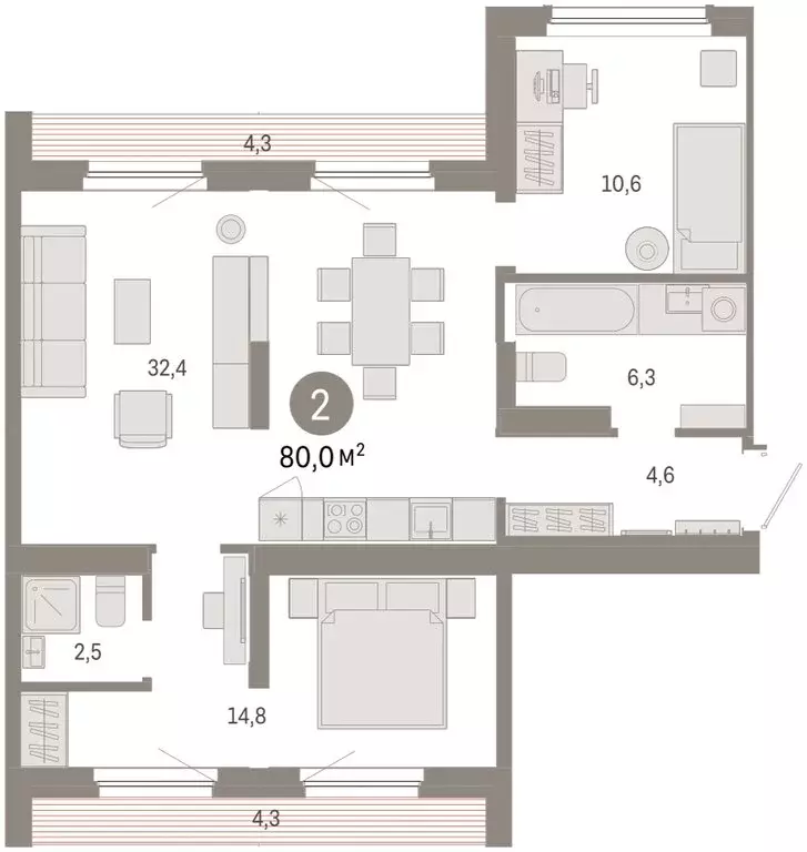 2-комнатная квартира: Екатеринбург, улица Академика Ландау, 7Г (80.02 ... - Фото 1