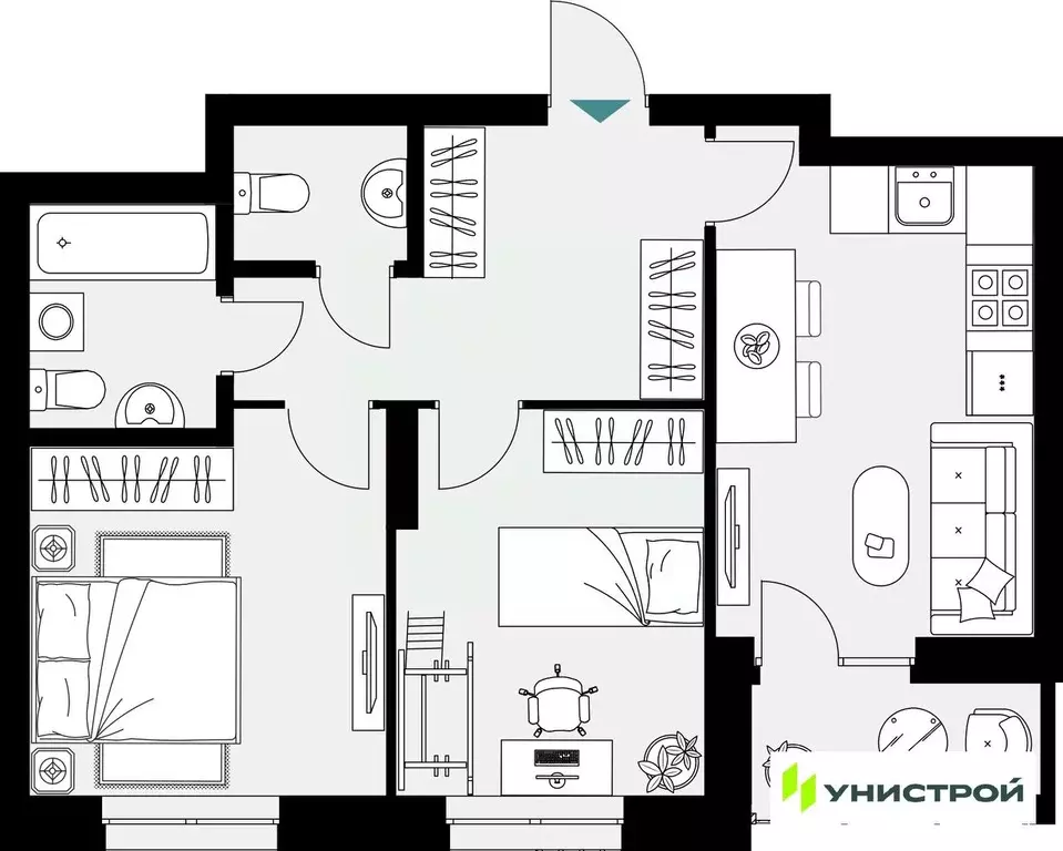 2-к кв. Татарстан, Казань 38-й кв-л,  (55.96 м) - Фото 1