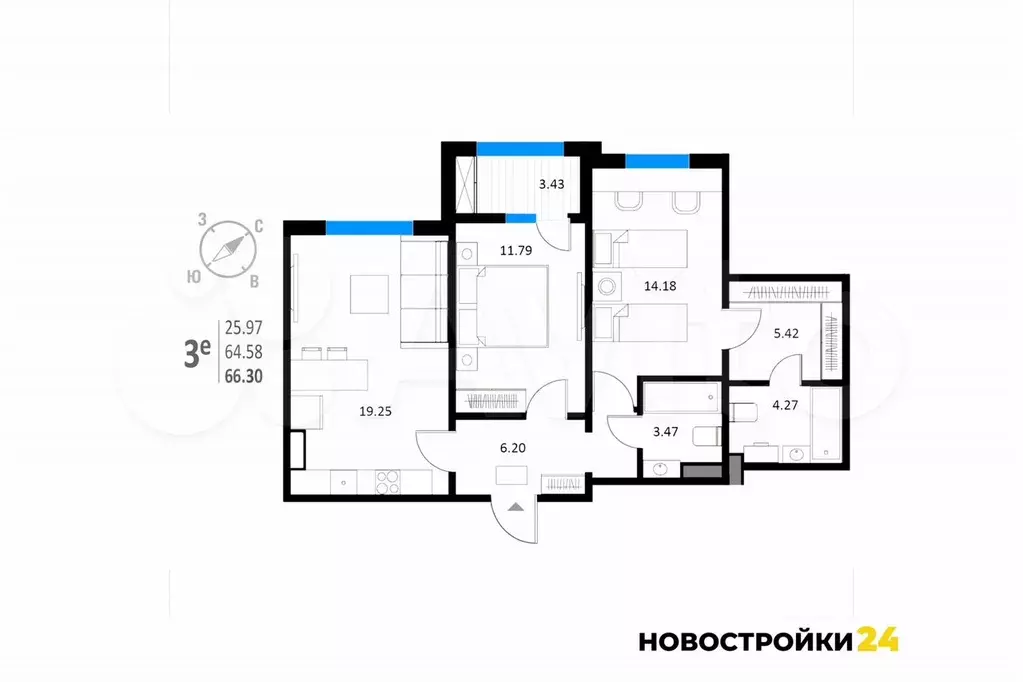 2-к. квартира, 66,3 м, 11/18 эт. - Фото 1