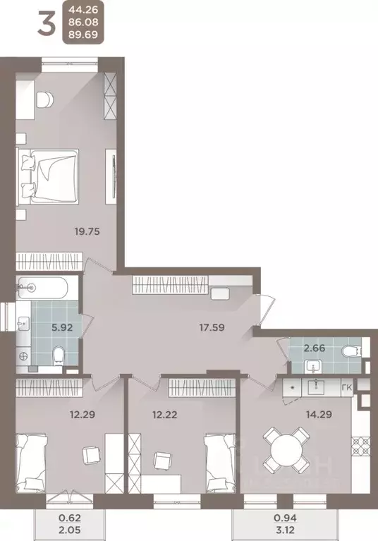 3-к кв. Калининградская область, Калининград Томская ул., 21 (86.08 м) - Фото 0