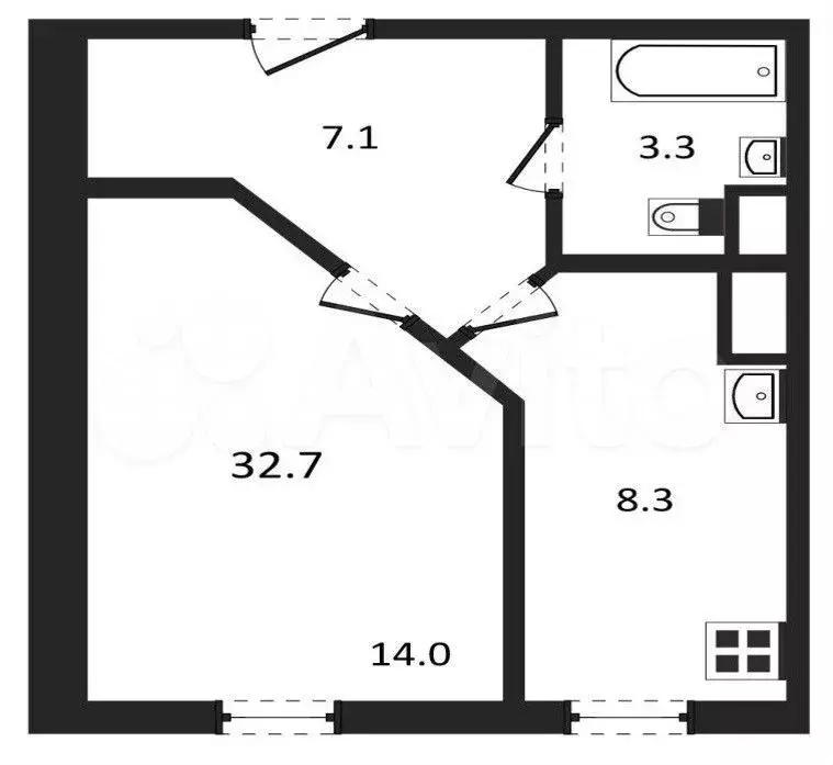 1-к. квартира, 32,7 м, 3/3 эт. - Фото 0