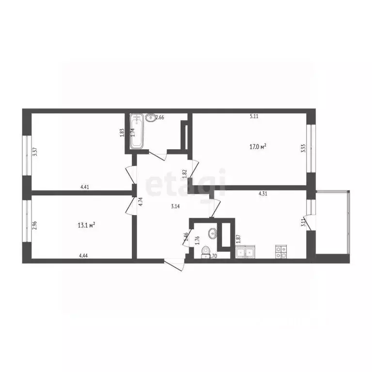 3-к кв. Тюменская область, Тюмень ул. Газовиков, 61 (74.8 м) - Фото 2