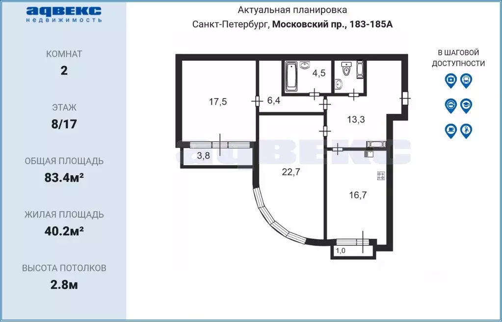 2-к кв. Санкт-Петербург Московский просп., 183-185 (83.4 м) - Фото 2