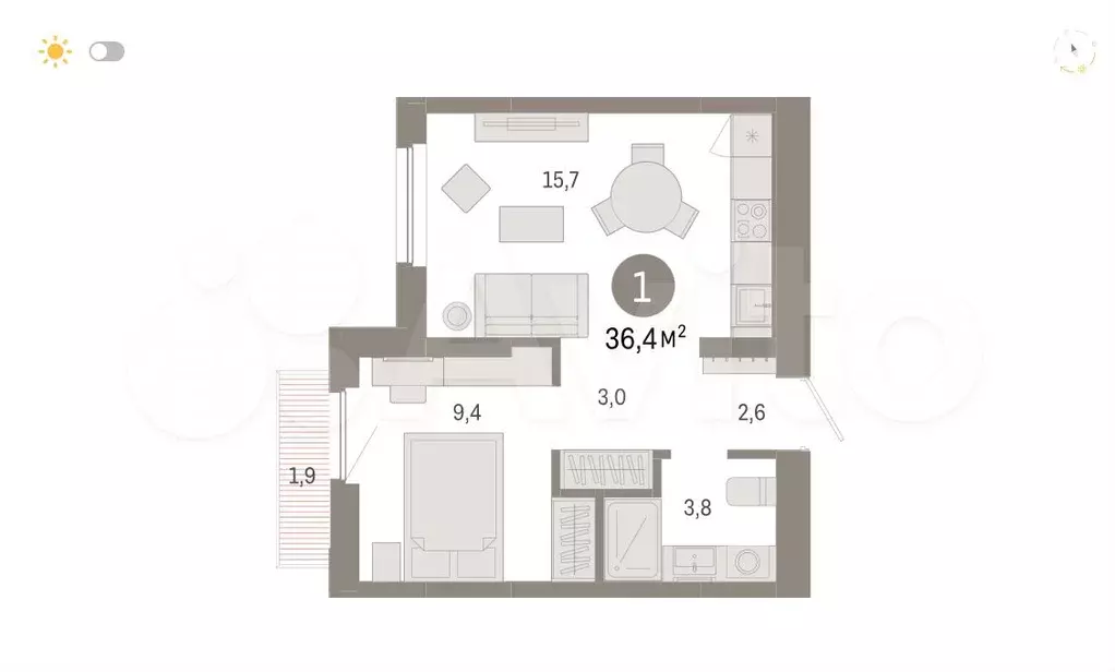 1-к. квартира, 36,4 м, 4/9 эт. - Фото 1