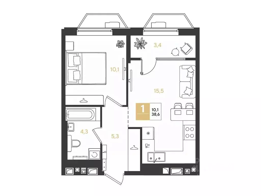 1-к кв. Краснодарский край, Краснодар Самолет кв-л,  (38.6 м) - Фото 1