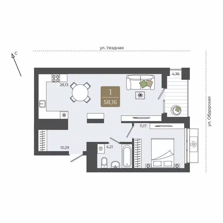 1-комнатная квартира: Тюмень, ЖК Мидгард на Уездной (58.16 м) - Фото 0