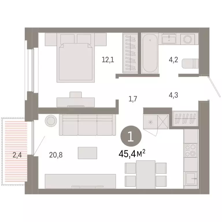 1-комнатная квартира: Тюмень, Мысовская улица, 26к2 (45.38 м) - Фото 1
