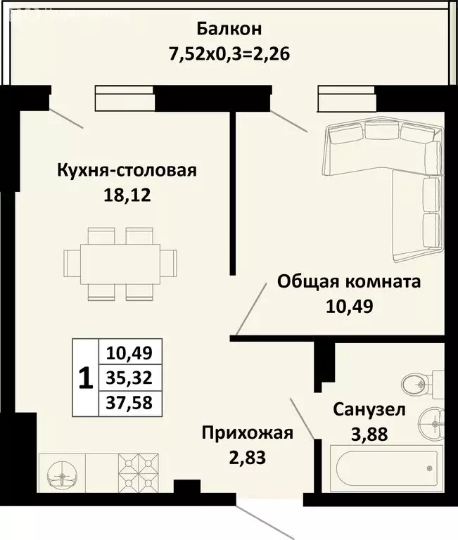 1-комнатная квартира: Южный, жилой комплекс Южные Соседи (42.84 м) - Фото 0