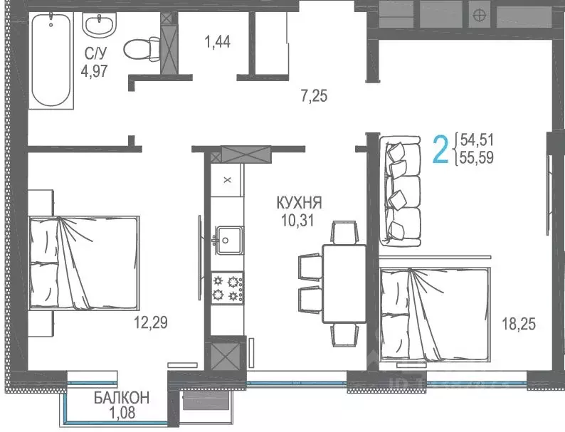 2-к кв. Крым, Симферопольский район, Гвардейское пгт, Республика жилой ... - Фото 1