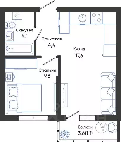 1-к кв. Краснодарский край, Новороссийск ул. Куникова, 47 (37.0 м) - Фото 0