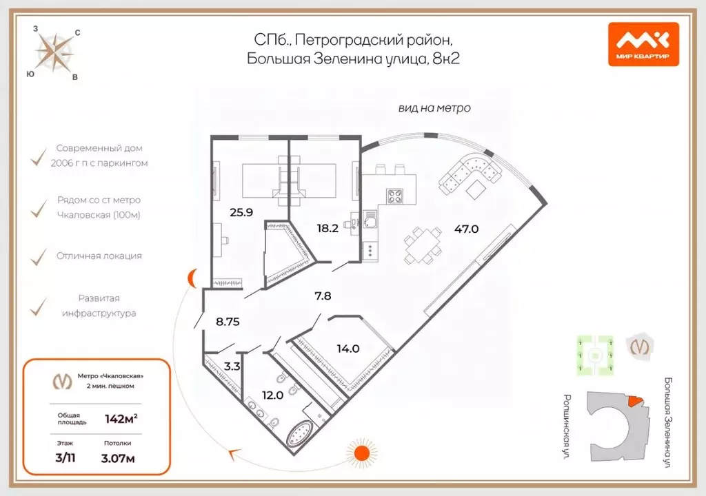3-к кв. Санкт-Петербург ул. Большая Зеленина, 8к2 (142.0 м) - Фото 2