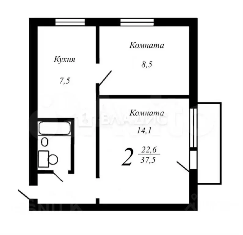 2-к. квартира, 37,1 м, 4/9 эт. - Фото 0