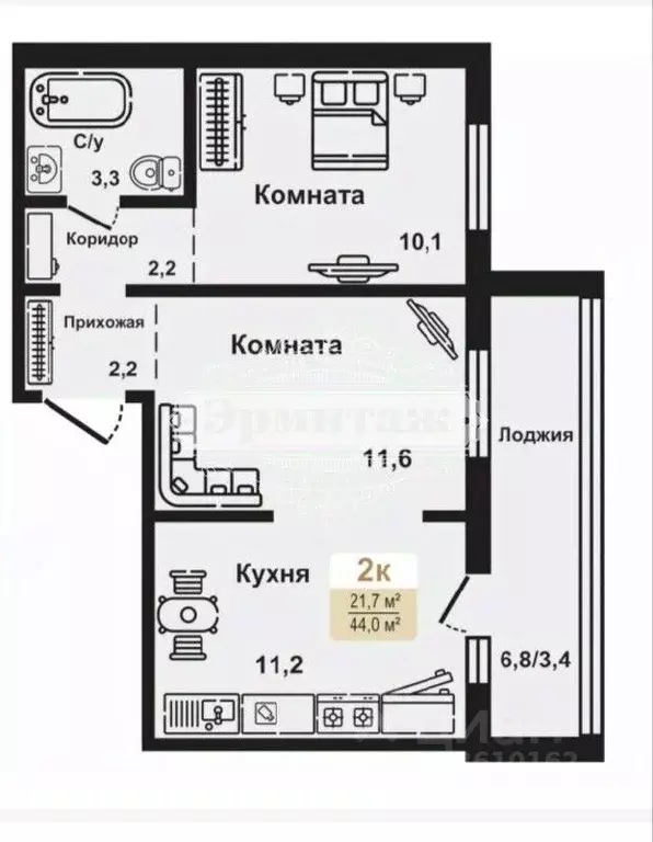 2-к кв. Курганская область, Курган Заозерный жилрайон, 8-й мкр, 12 ... - Фото 2