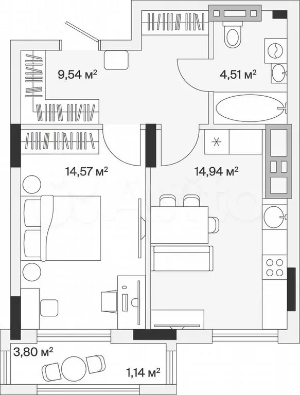 1-к. квартира, 45,4 м, 1/7 эт. - Фото 1