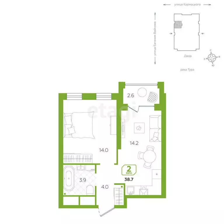 1-комнатная квартира: Тюмень, улица Евгения Войнова, 3 (38.7 м) - Фото 1
