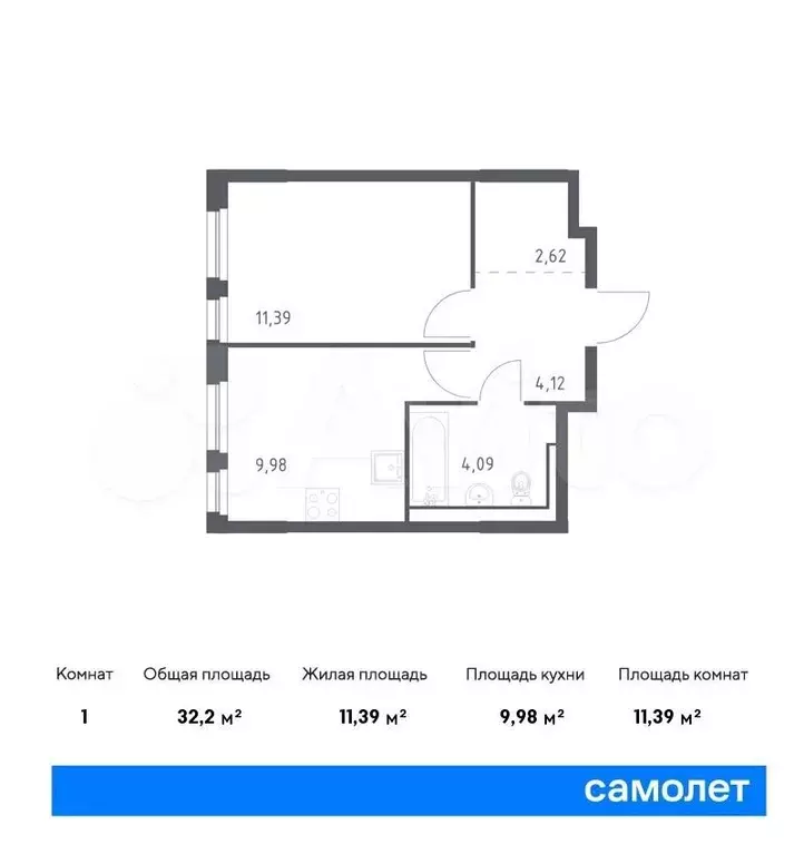 1-к. квартира, 32,2м, 1/12эт. - Фото 0