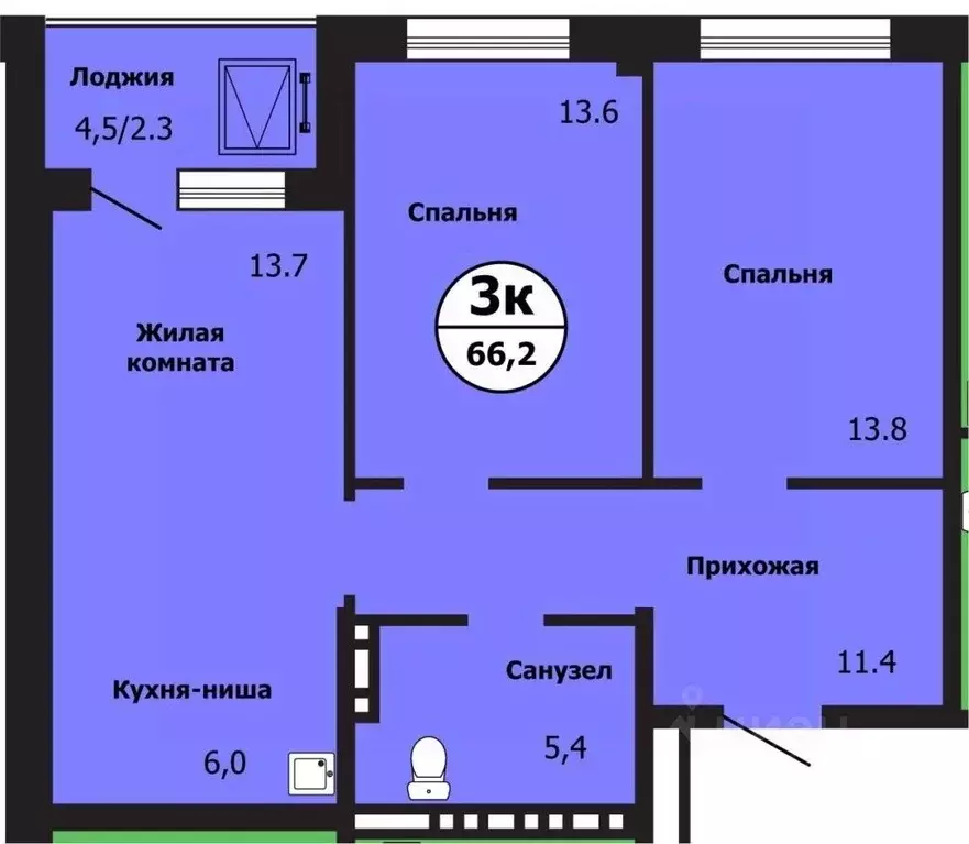 3-к кв. Красноярский край, Красноярск ул. Лесников, 43 (66.2 м) - Фото 1