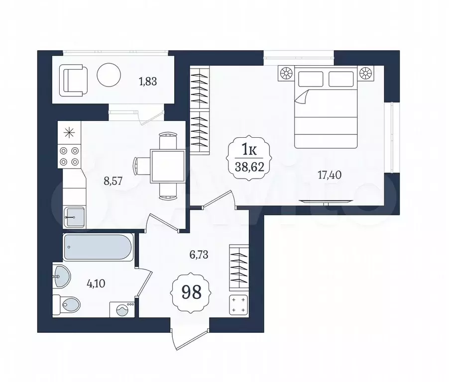 1-к. квартира, 38,6 м, 6/9 эт. - Фото 1