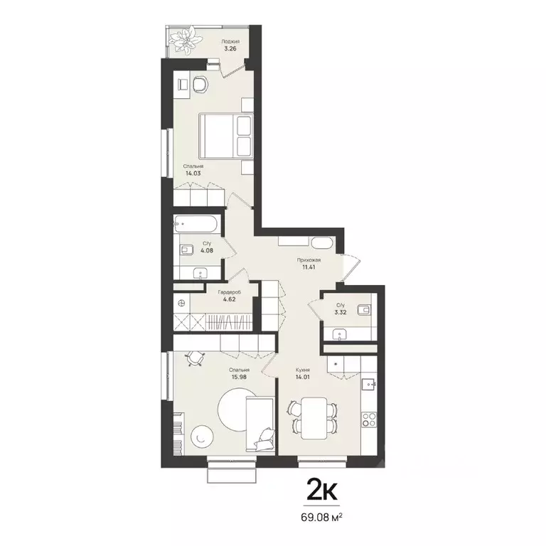 2-к кв. Пермский край, Пермь Уинская ул., 54 (69.08 м) - Фото 1