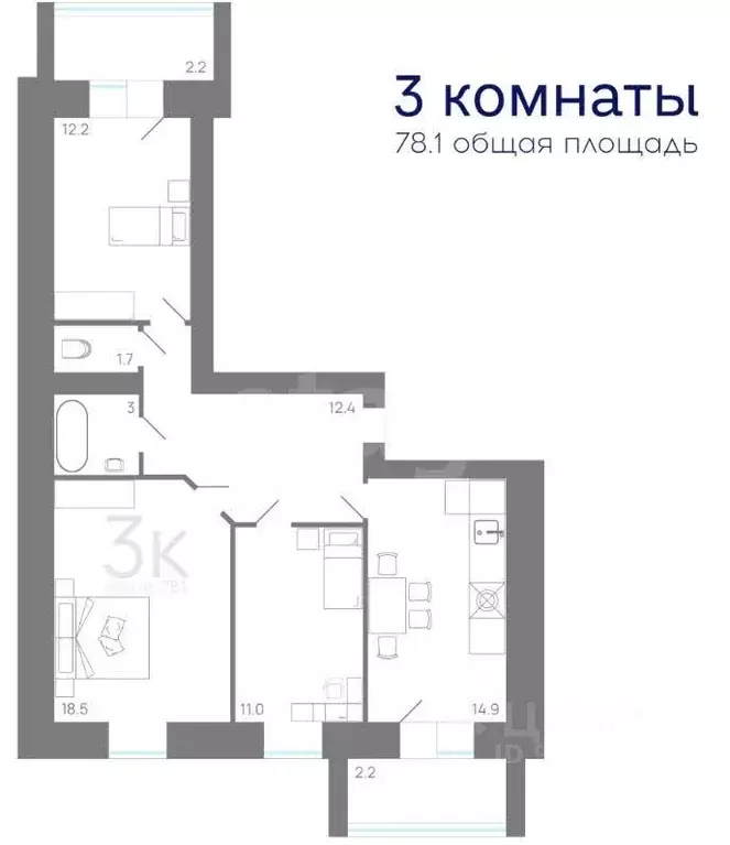 3-к кв. Татарстан, с. Высокая Гора ул. Большая Красная, 220А (74.0 м) - Фото 2