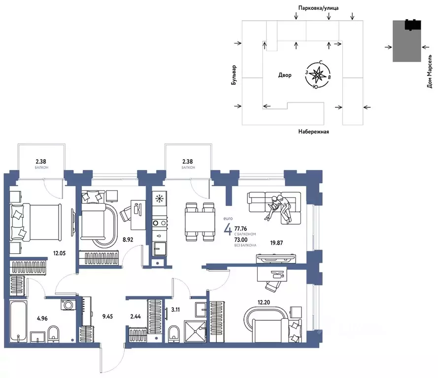 4-к кв. Тюменская область, Тюмень Береговая ул., 100к2 (77.76 м) - Фото 1