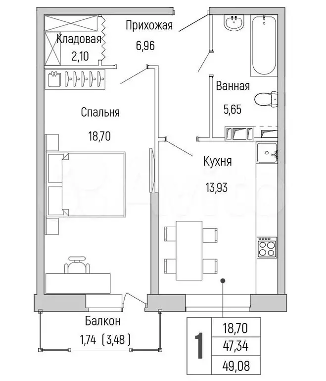 1-к. квартира, 49,1 м, 5/9 эт. - Фото 0