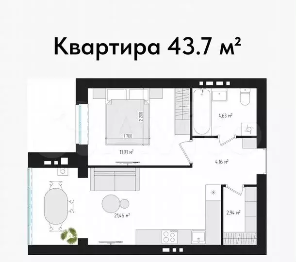 1-к. квартира, 43,7м, 3/4эт. - Фото 1