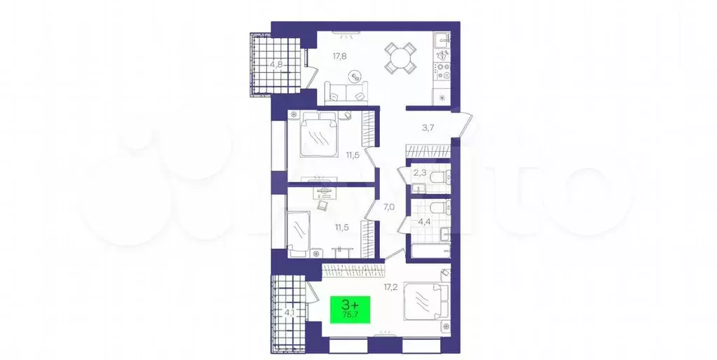 3-к. квартира, 75,7 м, 5/7 эт. - Фото 1
