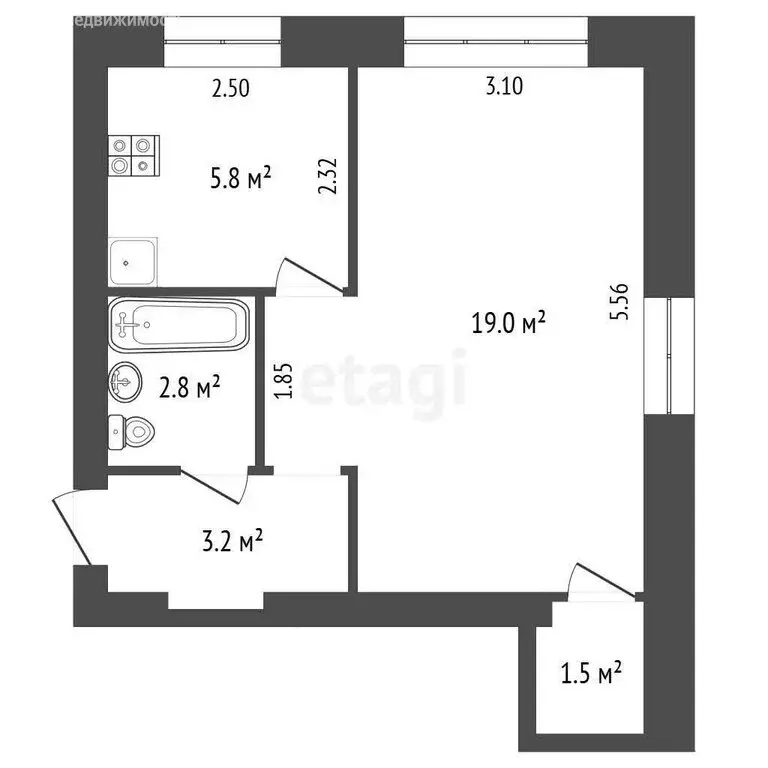 1-комнатная квартира: Альметьевск, улица Мусы Джалиля, 24 (32.3 м) - Фото 1