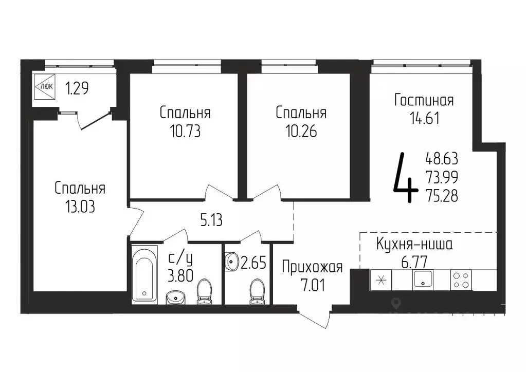 3-к кв. Башкортостан, Уфа ул. Бородинская, 19 (75.28 м) - Фото 0
