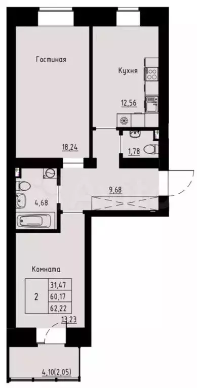 2-к. квартира, 62,2м, 5/8эт. - Фото 0