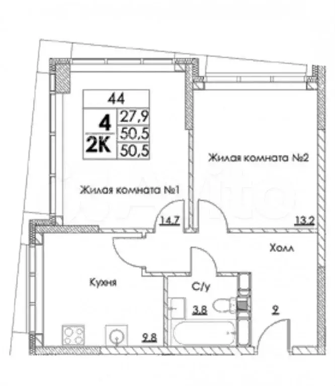 2-к. квартира, 50,5 м, 6/23 эт. - Фото 0