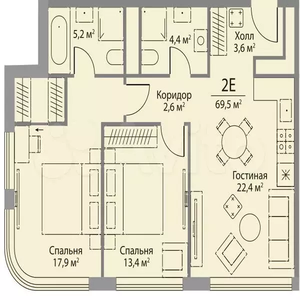 2-к. квартира, 69,5м, 20/29эт. - Фото 0