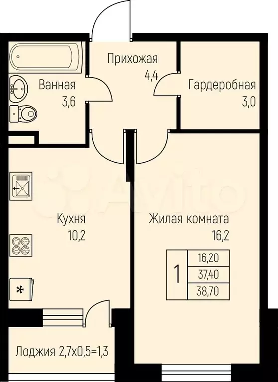 1-к. квартира, 38,7 м, 2/3 эт. - Фото 0