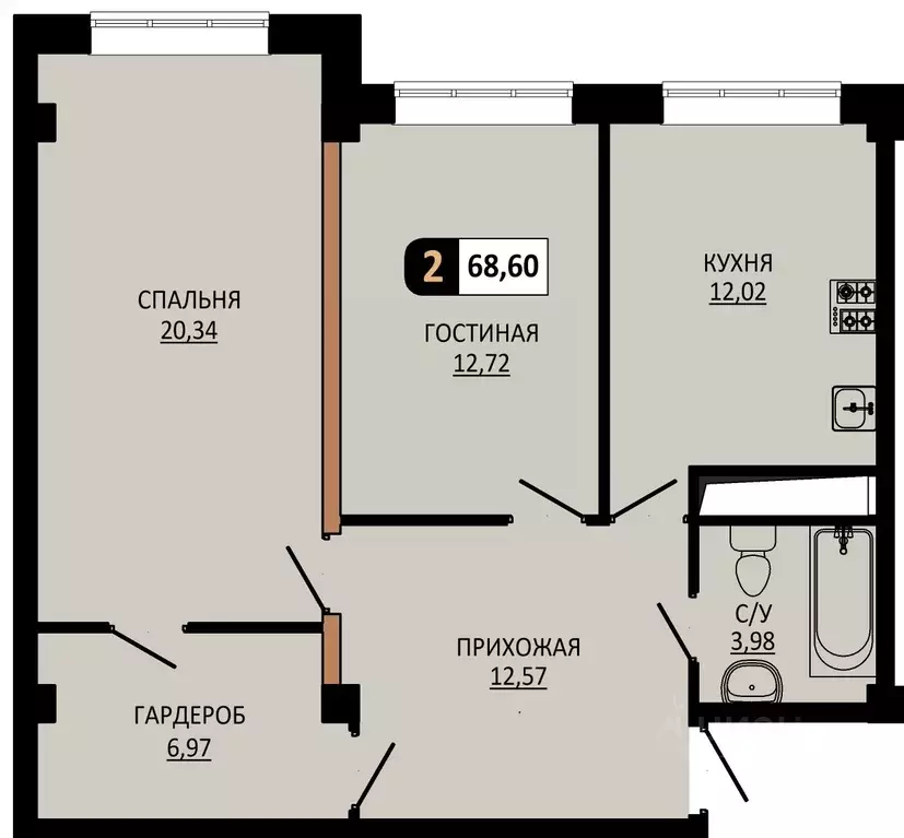 2-к кв. Ставропольский край, Пятигорск  (68.6 м) - Фото 1