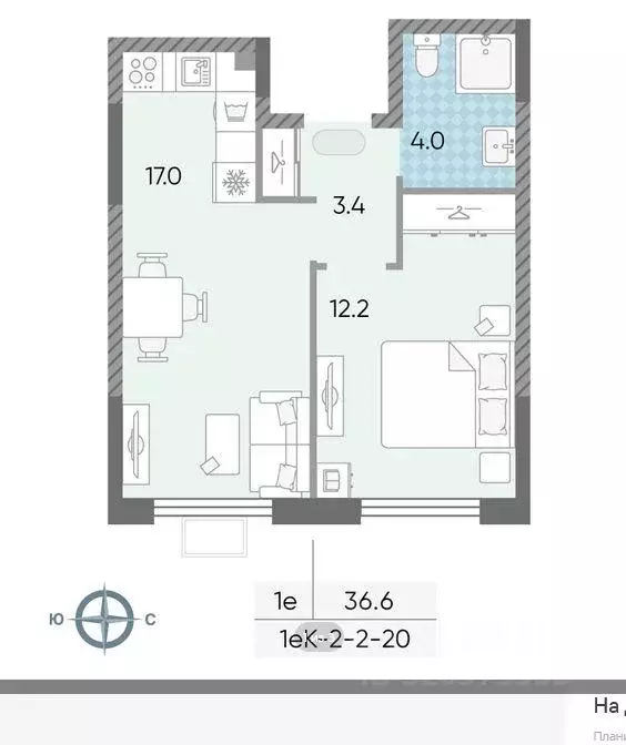 Квартира, 1 комната, 36.6 м - Фото 1