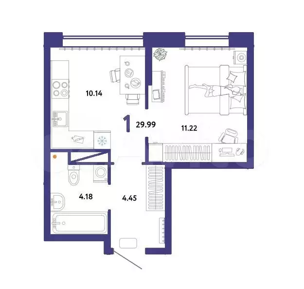 1-к. квартира, 30 м, 12/16 эт. - Фото 1