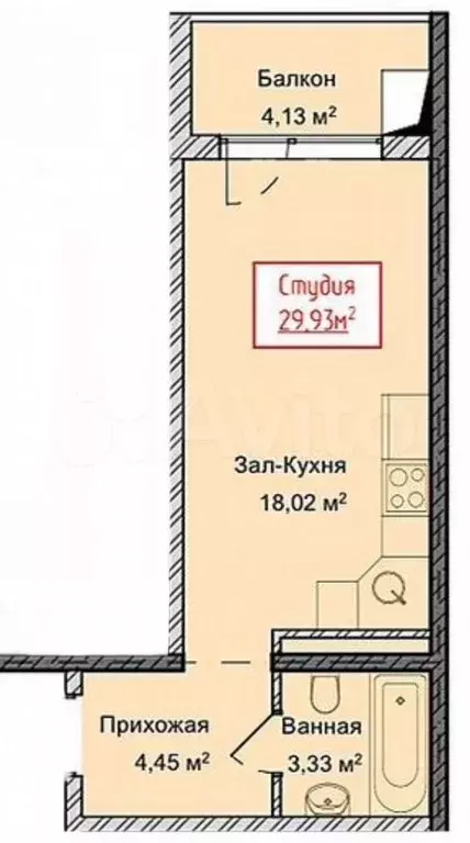 Квартира-студия, 29,9 м, 2/13 эт. - Фото 1